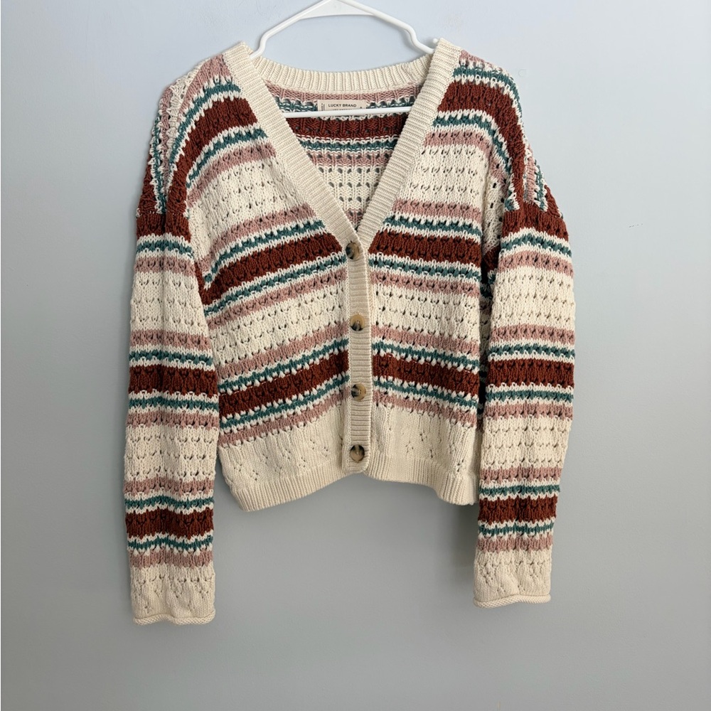 Lucky Brand Slouchy Pointelle Striped Knit Cardigan Sweater
